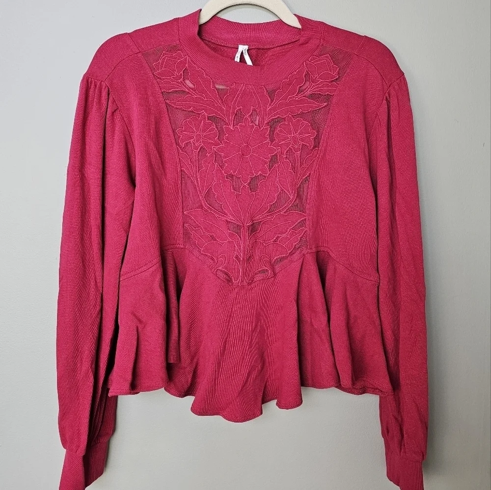 By Anthropologie Cutwork Embroidered Lace Floral Sheer Swing Top in Wine, XS